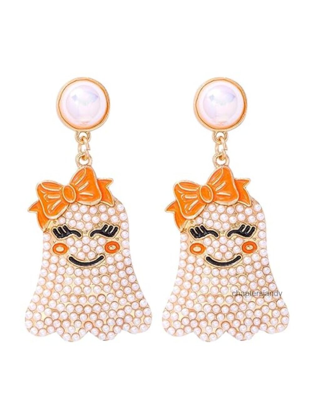 Halloween Ghost Beaded Dangle Earrings Rhinestone Pearl French Wire